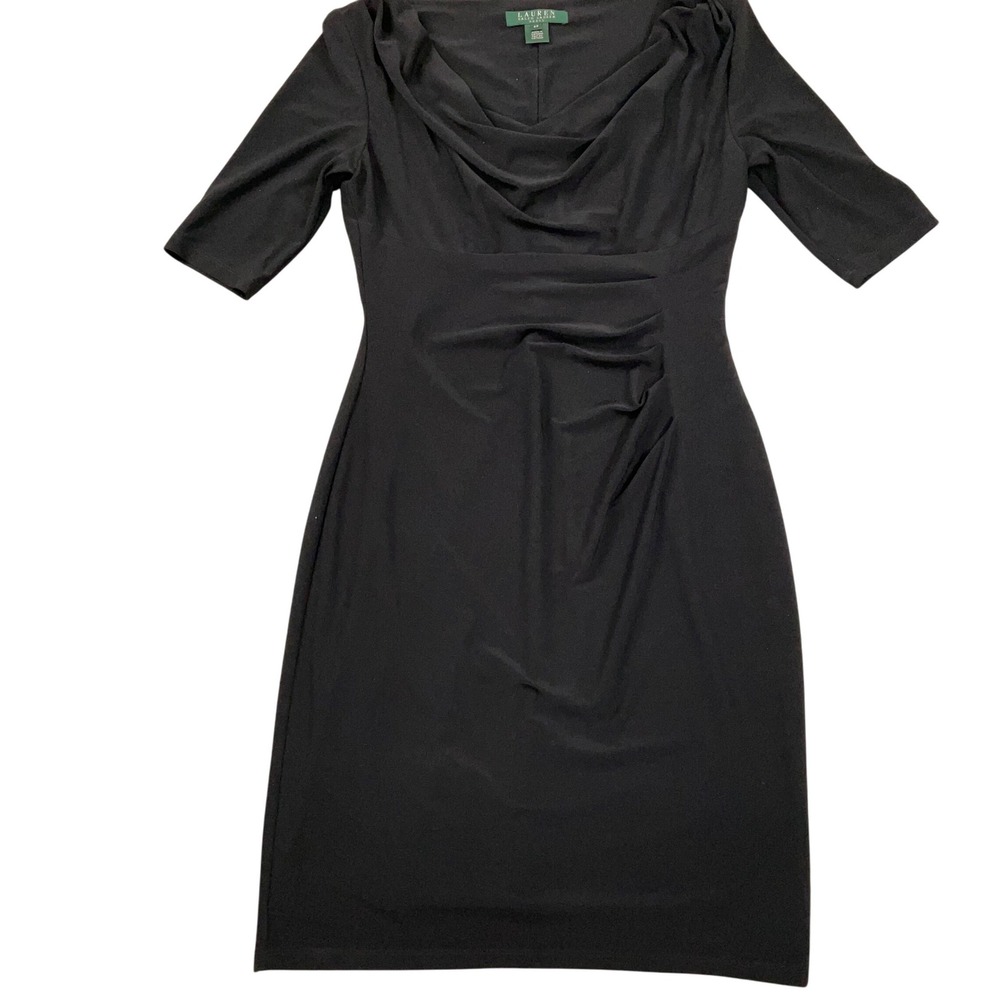 LAUREN Ralph Lauren Dress Women 4P Black Sheath Cowl Pleat Career Liquid Comfort